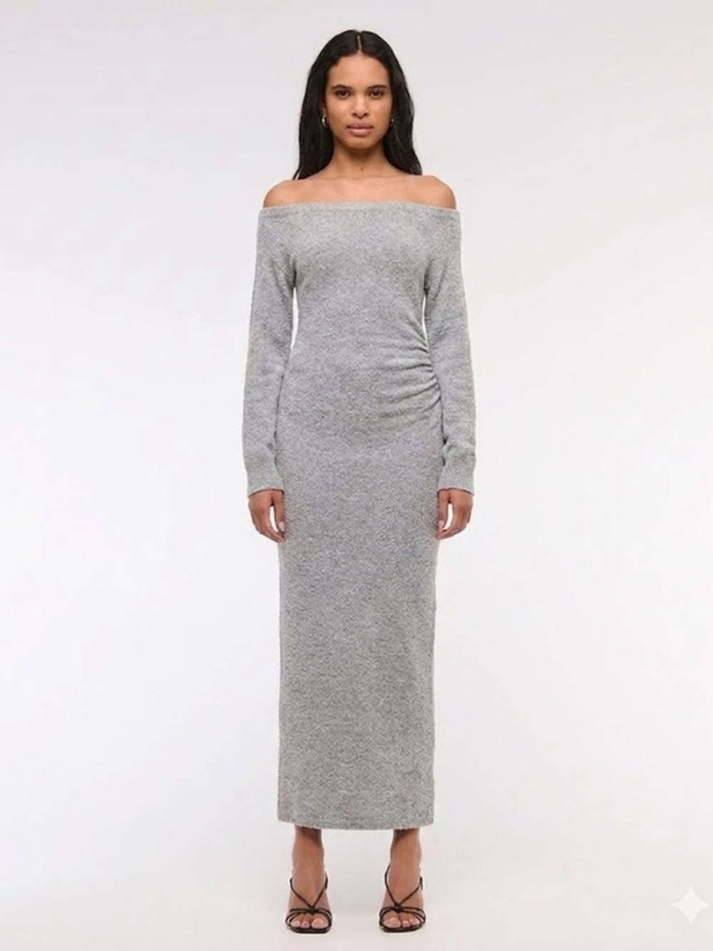 ABERCROMBIE BOUCLE KNIT BOATNECK LONG SLEEVE MAXI SWEATER DRESS Light Gray M